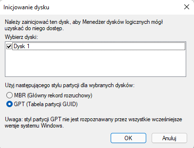 Inicjowanie dysku pod Windows