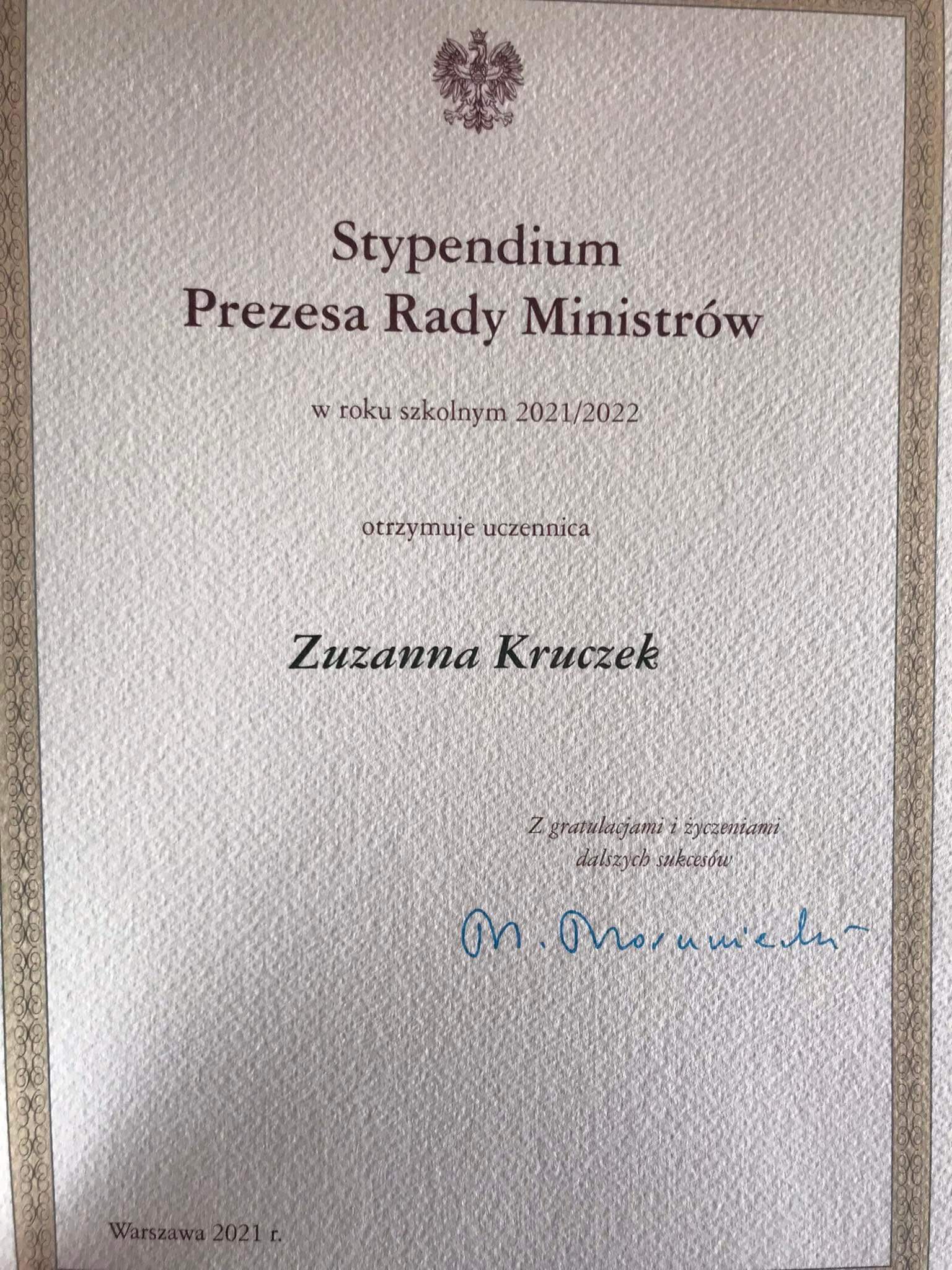 Zuzanna Kruczek Stypendium Rady Ministrów